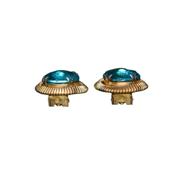 Glamorous Vintage Earrings, Foil Backed Bright Blue Crystal in Copper Frames